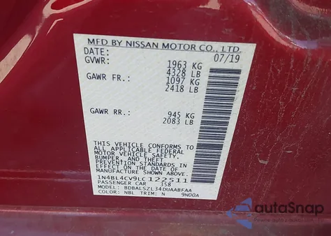 2020 Nissan Altima Sr Fwd из США, поврежденный, VIN 1N4BL4CV9LC122511